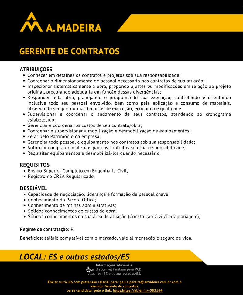 A. Madeira contrata Gerente de Contratos