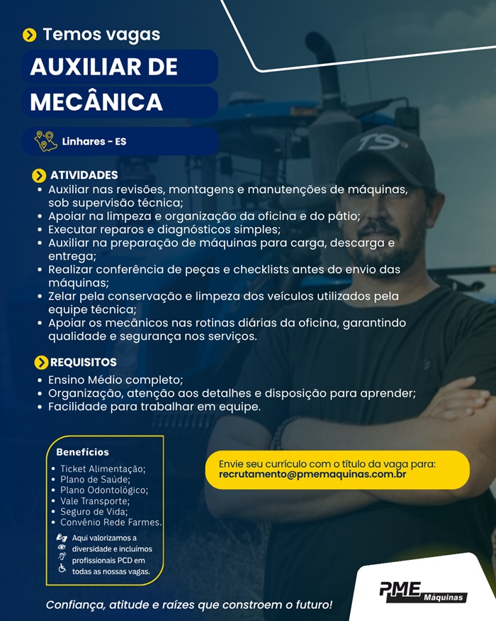 PME Maquinas contrata Auxiliar de Mecânica