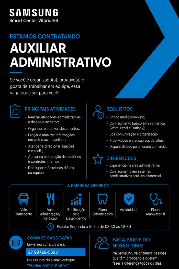 Samsung Smart Center contrata Auxiliar Administrativo