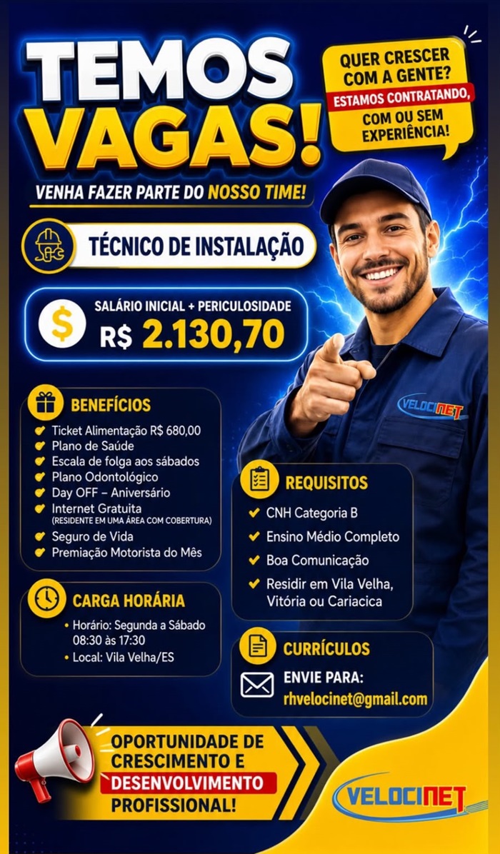 Velocinet está realizando várias contratações: Técnico de Instalação