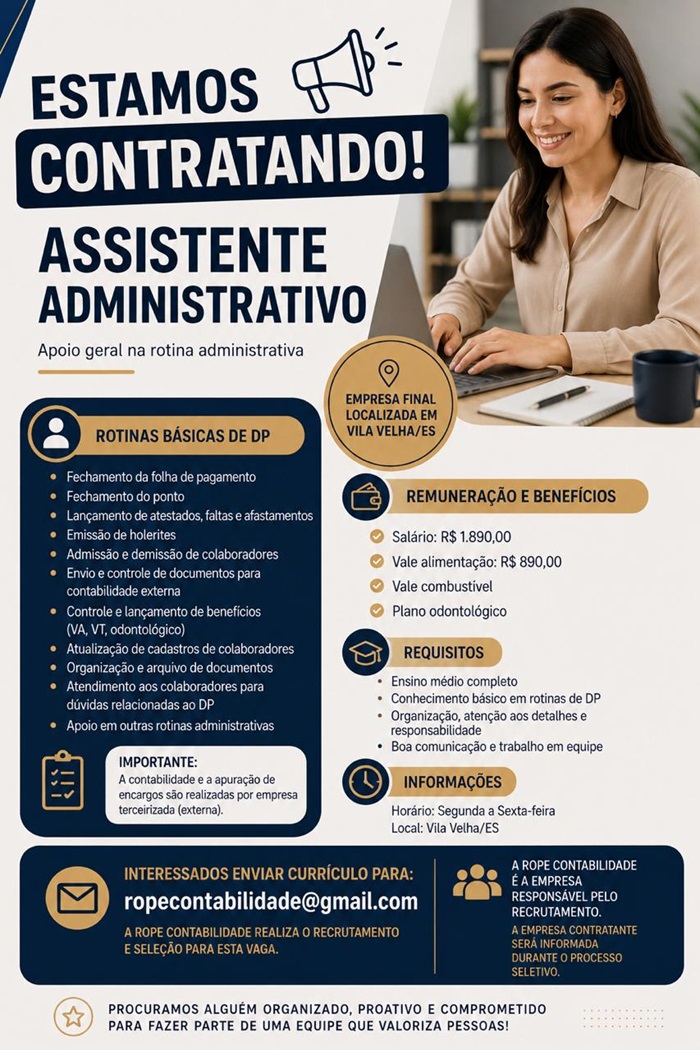 VAGA PARA ASSISTENTE ADMINISTRATIVO