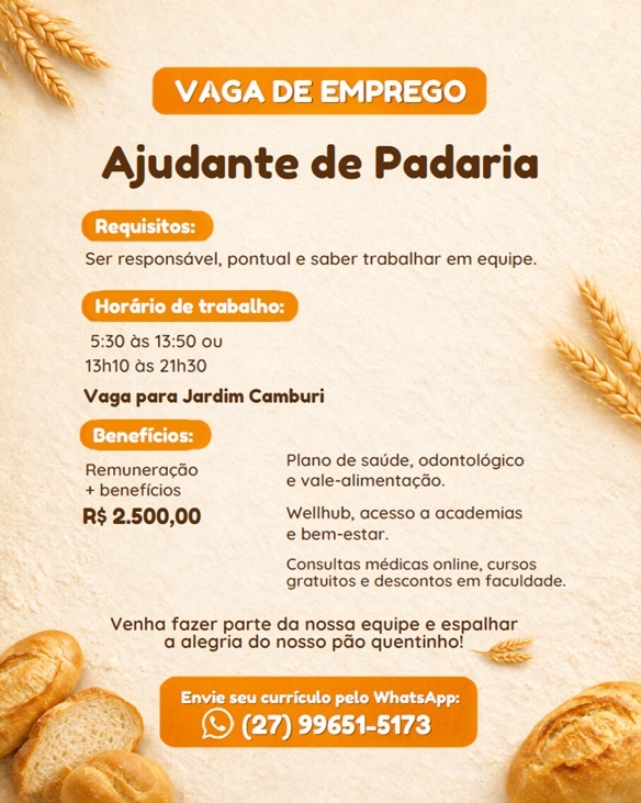Vaga para Ajudante de Padaria | Jardim Camburi