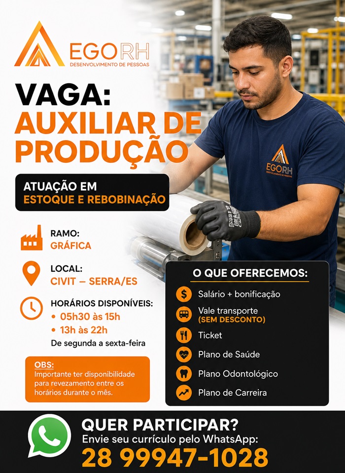 VAGA PARA AUXILIAR DE PRODUÇÃO 