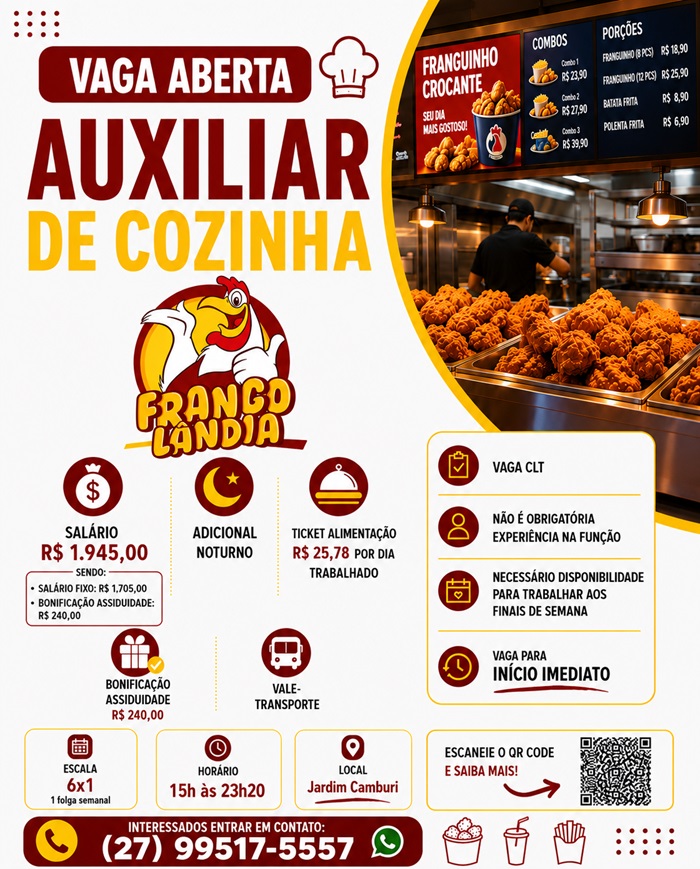 Vaga Aberta para Auxiliar de Cozinha