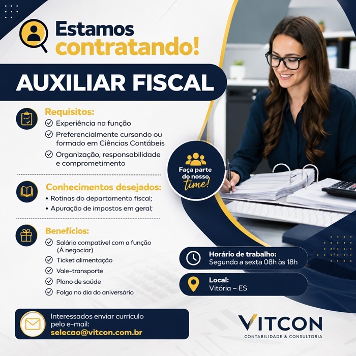 Escritório contábil contrata Auxiliar Fiscal