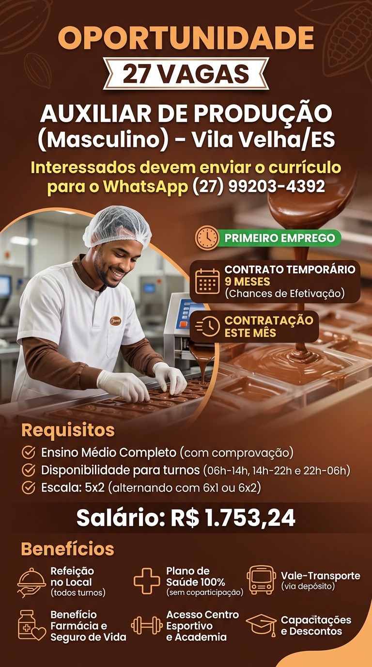 27 Vagas para Auxiliar de Produção (Masculino) – Vila Velha/ES