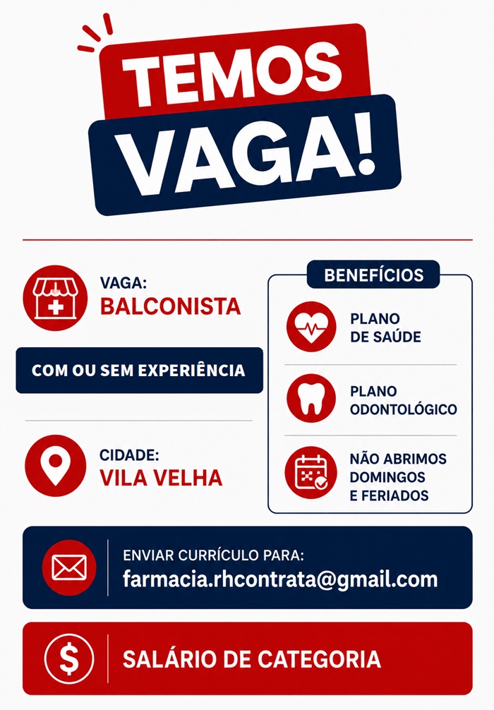 FARMÁCIA CONTRATA BALCONISTA (COM OU SEM EXPERIÊNCIA)