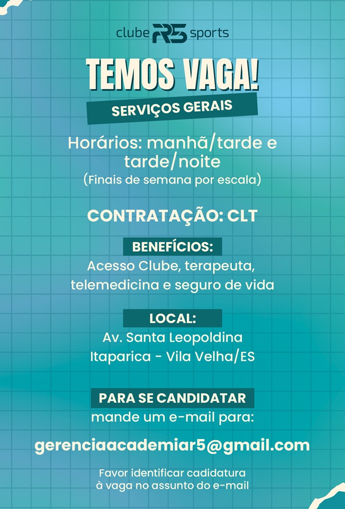 Clube R5 Sports contrata Auxiliar de Serviços Gerais