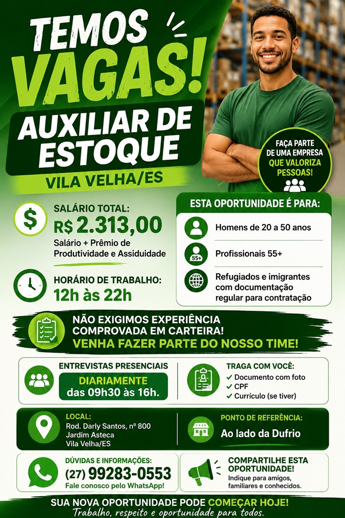 Vaga para Auxiliar de Estoque