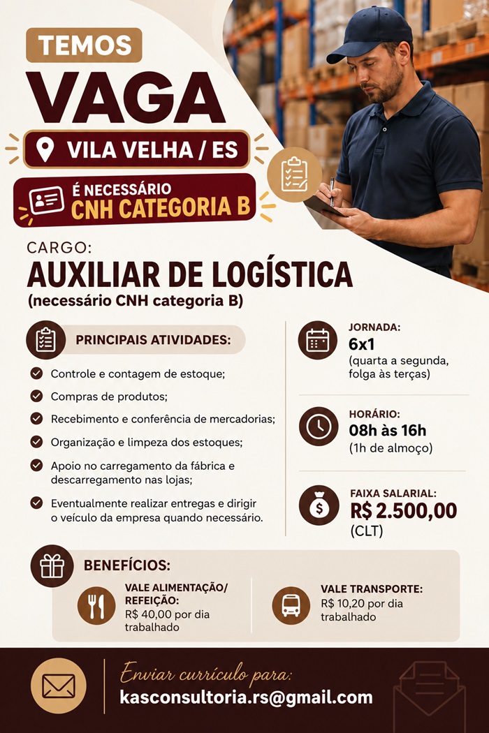 VAGA PARA AUXILIAR DE LOGÍSTICA