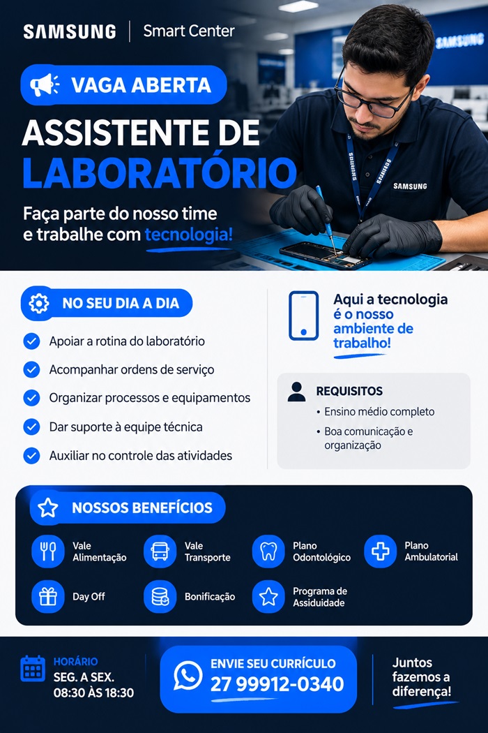 Samsung Smart Center contrata Assistente de Laboratório