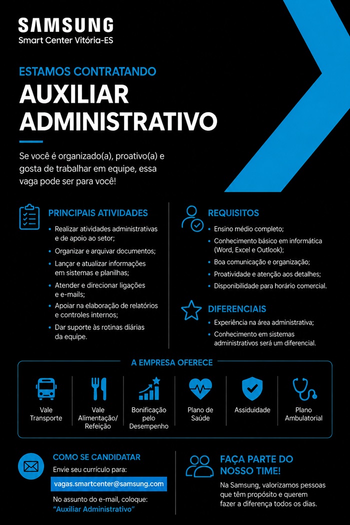 Samsung Smart Center contrata Auxiliar Administrativo