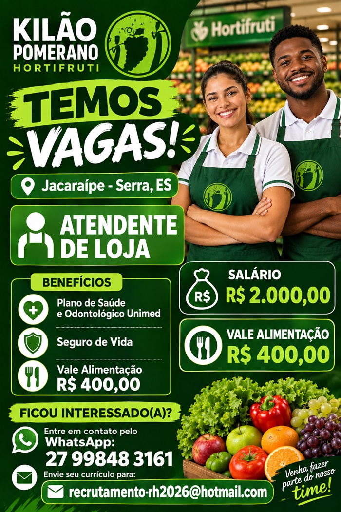 VAGAS PARA ATENDENTE DE LOJA