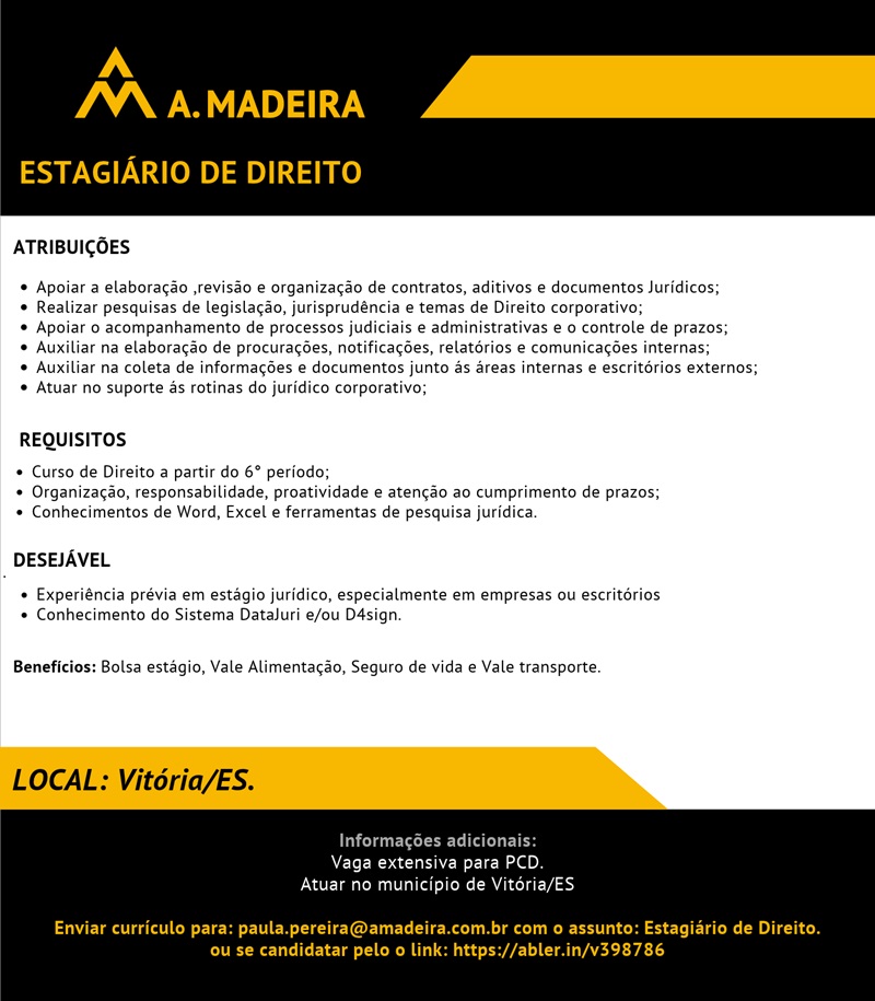 Grupo A. MADEIRA contrata Estagiário de Direito