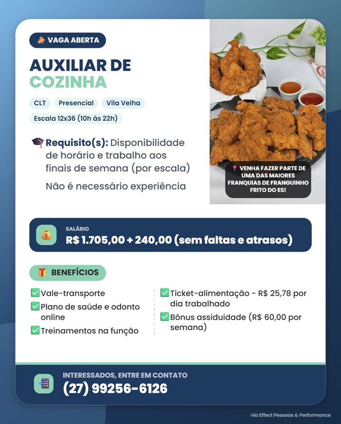 Vaga para Auxiliar de Cozinha (Vila Velha)