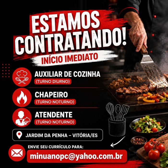 Vagas para Auxiliar de Cozinha, Chapeiro e Atendente