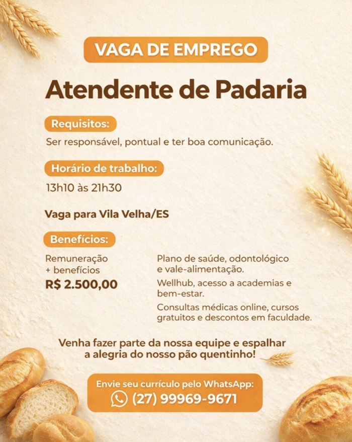 Vaga para Atendente de Padaria | Vila Velha 