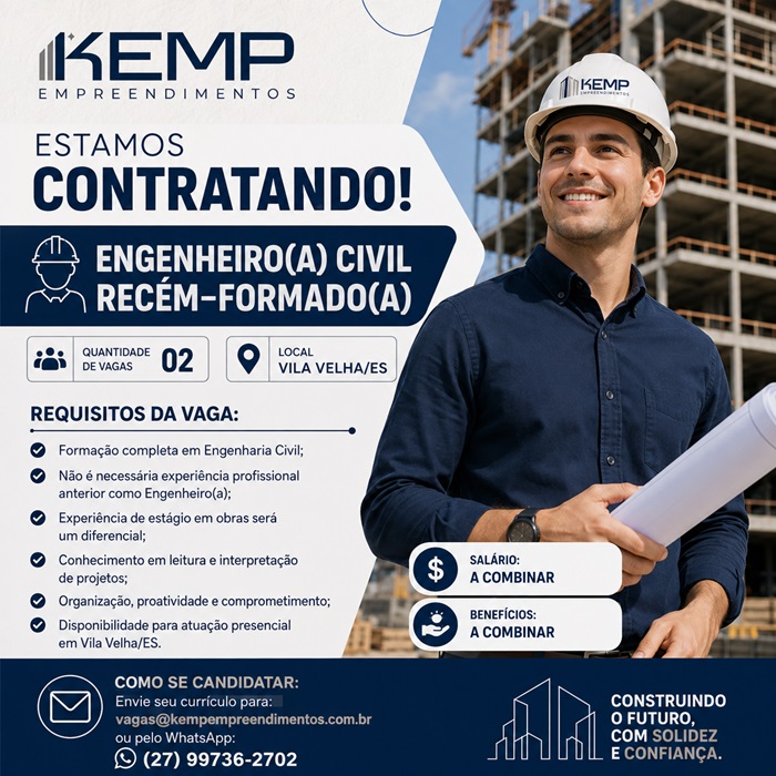  Kemp contrata Engenheiro(a) Civil Recém-Formado(a)