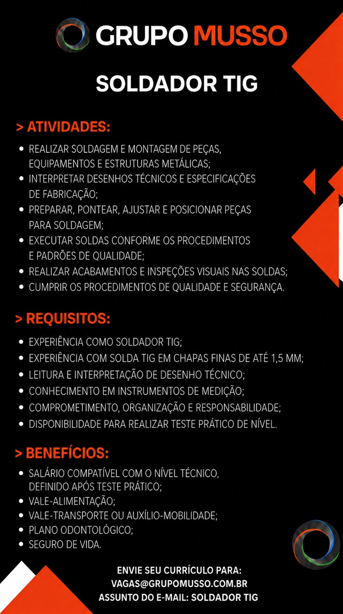 GRUPO MUSSO CONTRATA SOLDADOR TIG