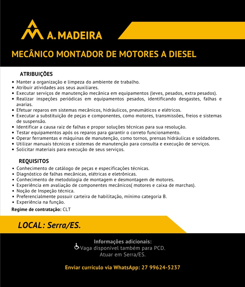 Grupo A. Madeira contrata Mecânico Montador de Motores a Diesel