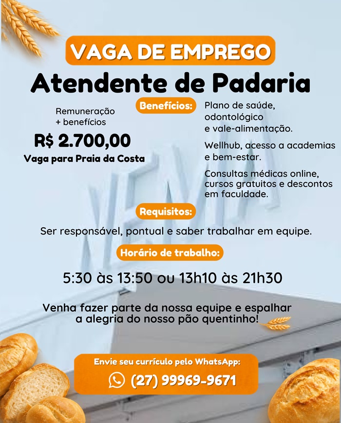 Vaga para Atendente de Padaria | Vila Velha 