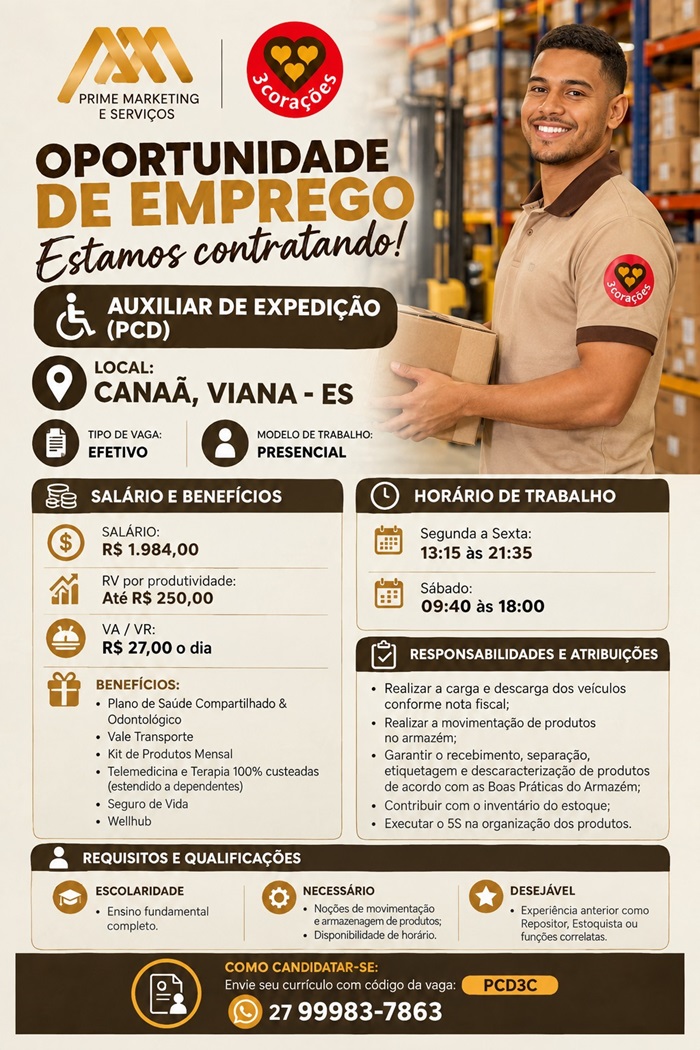 Grupo 3Corações contrata Auxiliar de Expedição (PCD)