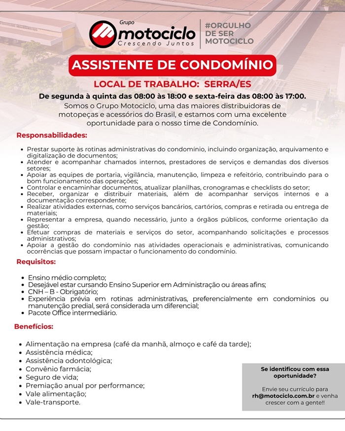 Grupo Motociclo contrata Assistente de Condomínio