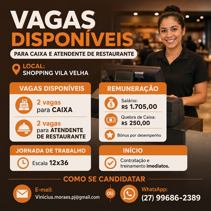 Vagas para Caixa e Atendente de Restaurante