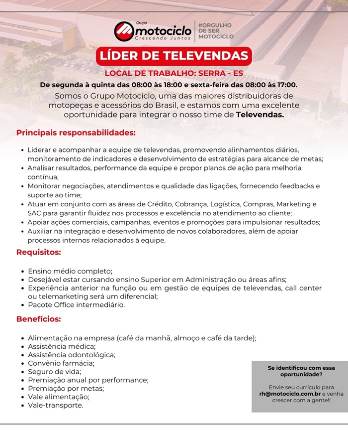 Grupo Motociclo contrata Líder de Televendas