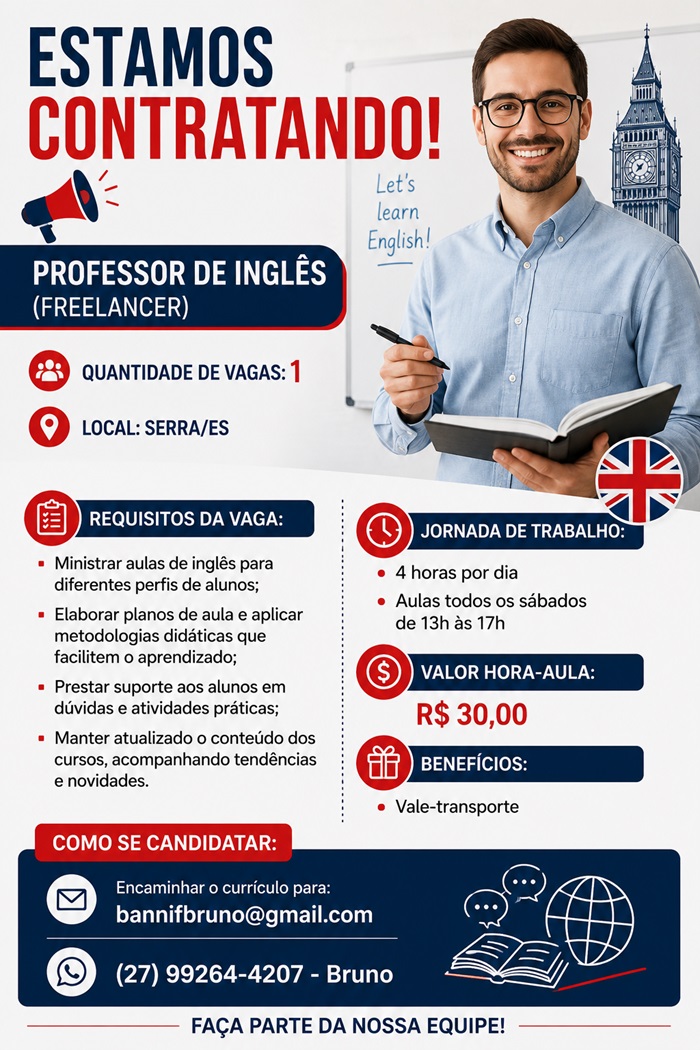 Vaga para Professor Freelancer de Inglês