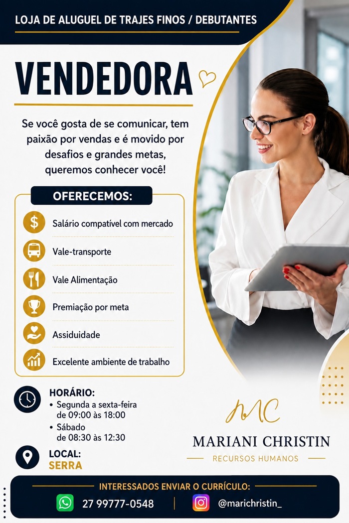 Loja de Aluguel de Trajes Finos contrata Vendedora