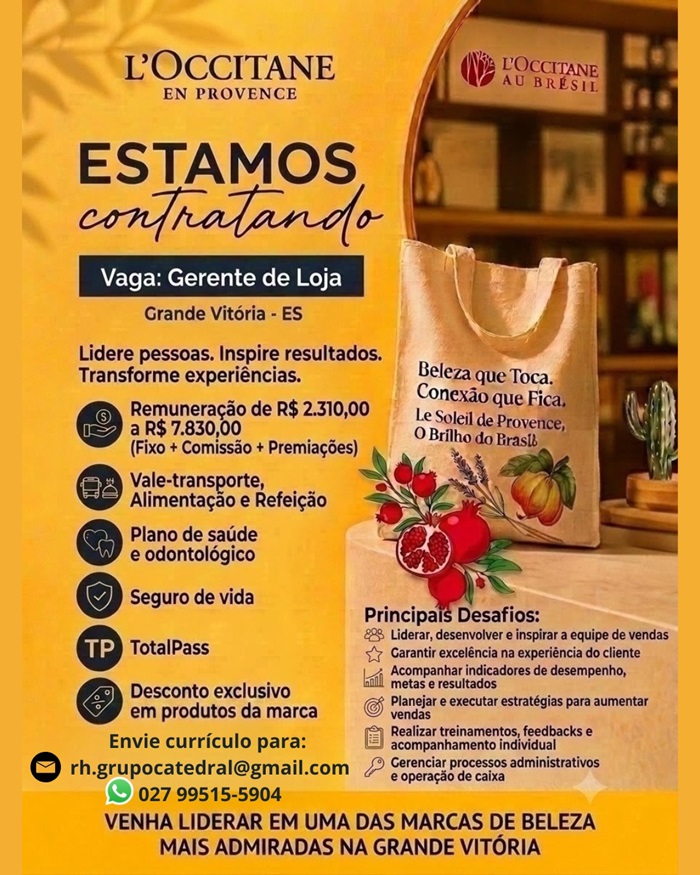 Vaga para Gerente de Loja / Cosméticos e Perfumaria Premium / Grande Vitória - ES