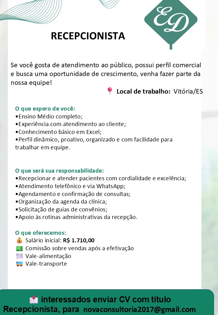 VAGA DE RECEPCIONISTA