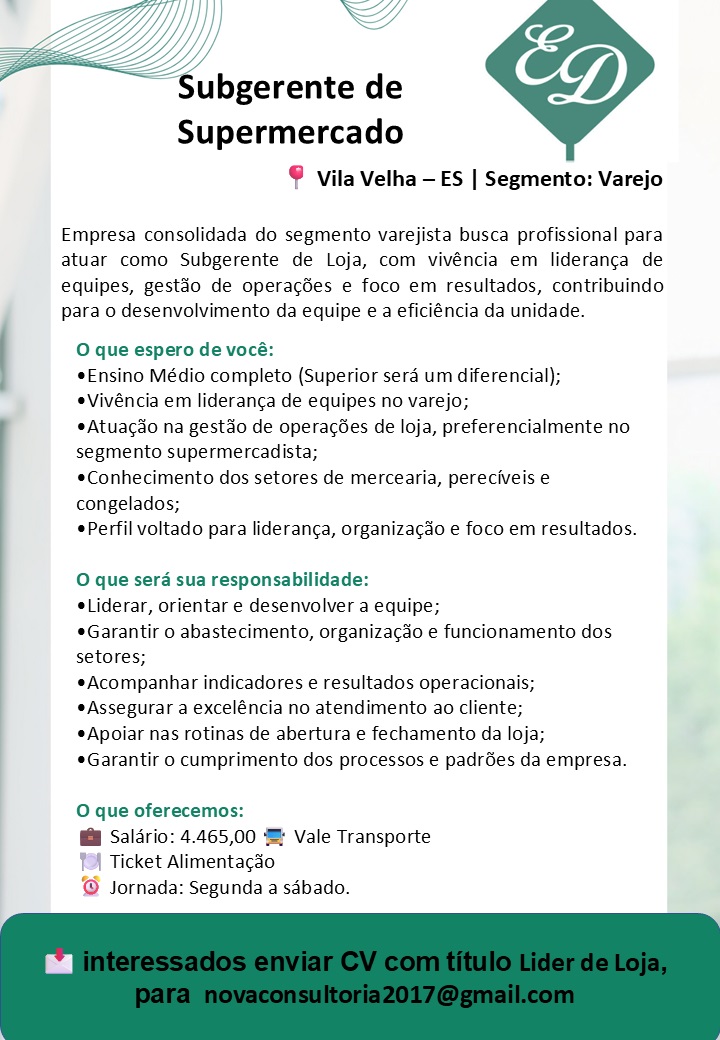Vaga para Subgerente de Supermercado