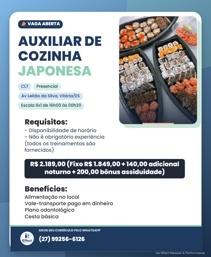 Vaga para Auxiliar de Cozinha (Vitória) 
