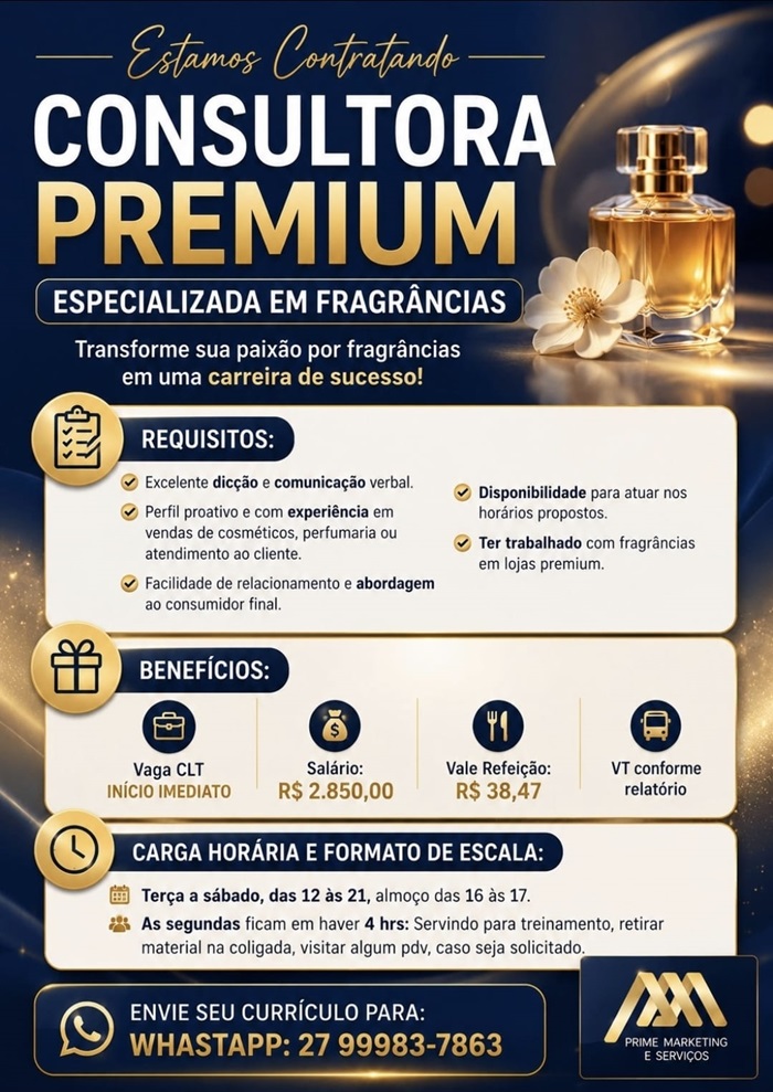 Vaga para Consultora de Vendas (Perfumaria Premium)