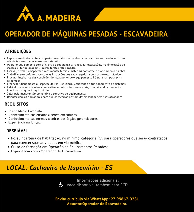 Grupo A. Madeira contrata Operador de Máquinas Pesadas - Escavadeira
