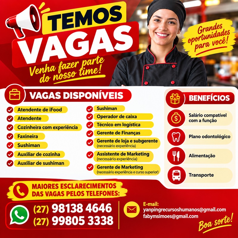 VAGAS DE EMPREGO - RESTAURANTE YAN PING