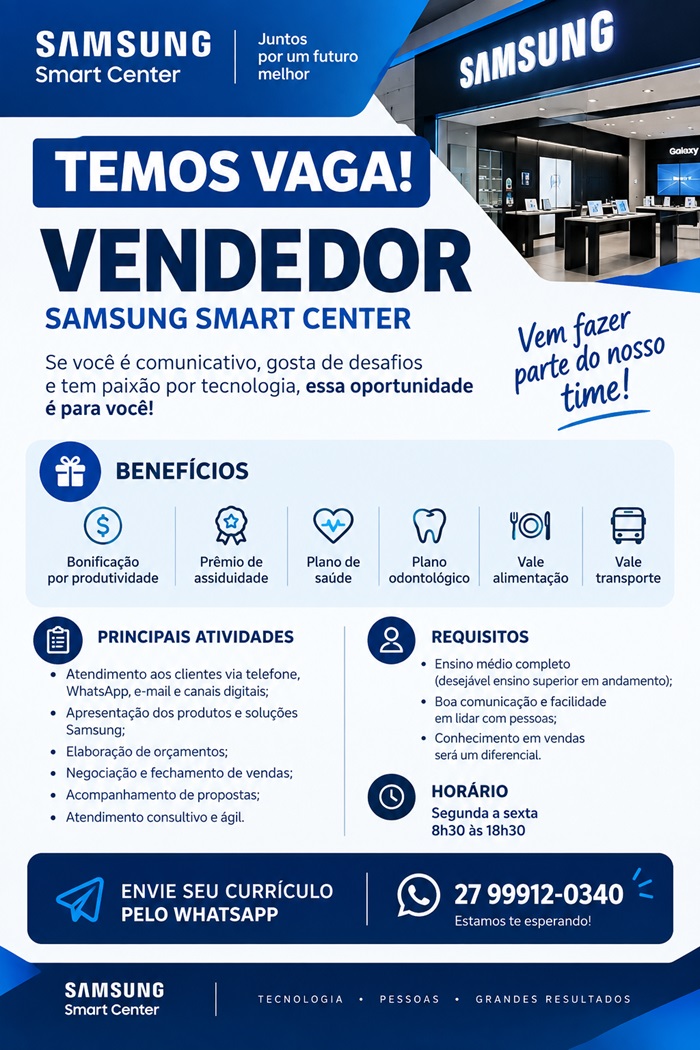 Vaga para Vendedor(a) – Samsung Smart Center
