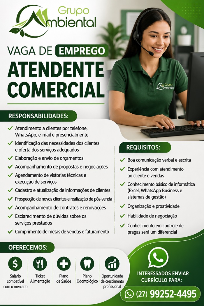 Grupo Ambiental contrata Atendente Comercial