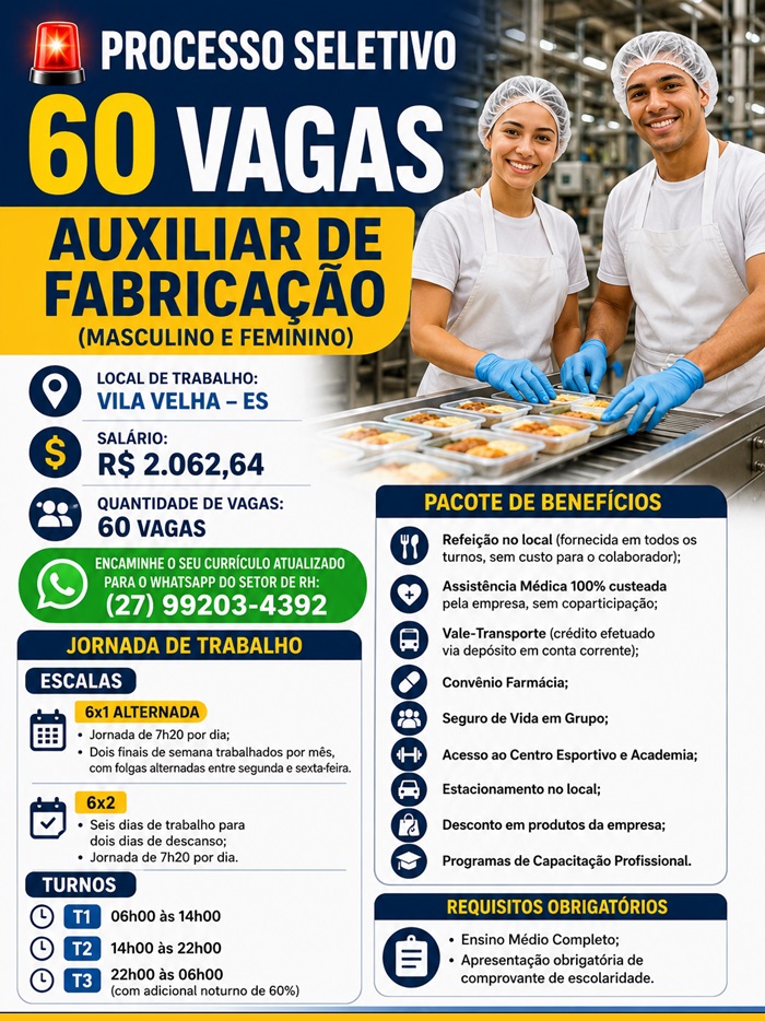 PROCESSO SELETIVO PARA AUXILIAR DE FABRICAÇÃO — 60 VAGAS