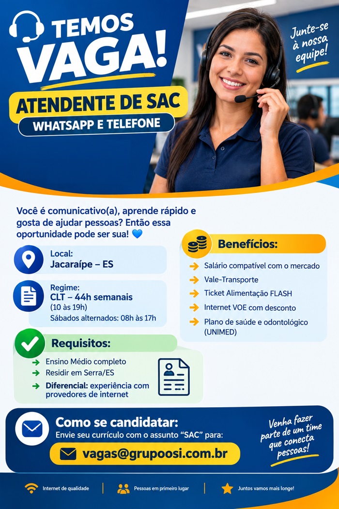 ATENDENTE DE SAC – WHATSAPP E TELEFONE  | VOE INTERNET