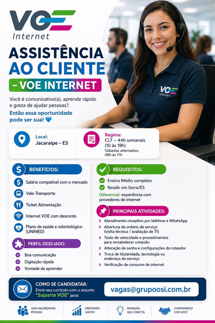 Vaga para Assistência ao Cliente  - VOE INTERNET