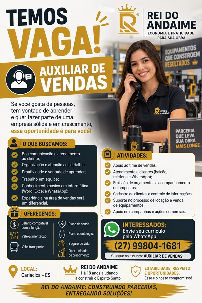 Vaga para Auxiliar de Vendas (Cariacica)