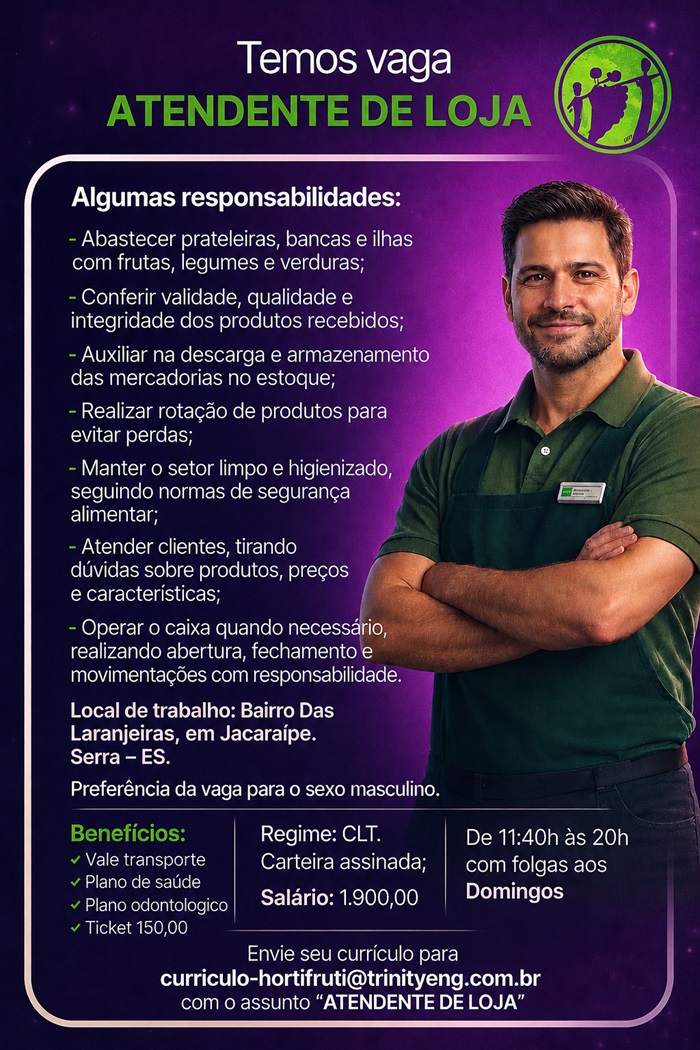VAGA DE EMPREGO – ATENDENTE DE LOJA
