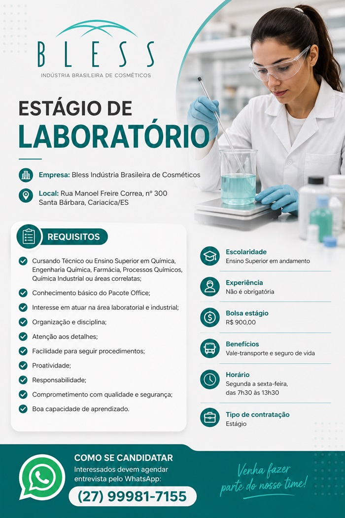 Bless Cosméticos contrata Estagiário de Laboratório