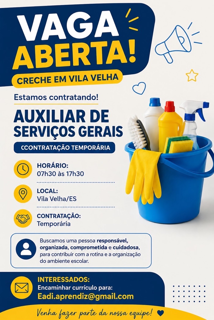 Creche em Vila Velha contrata Auxiliar de Serviços Gerais