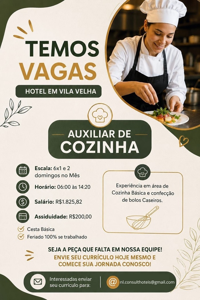 HOTEL EM VILA VELHA CONTRATA AUXILIAR DE COZINHA