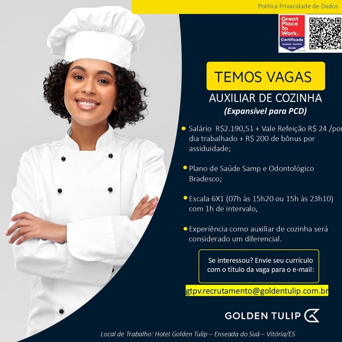 GOLDEN TULIP CONTRATA AUXILIAR DE COZINHA (Expansível para PCD)