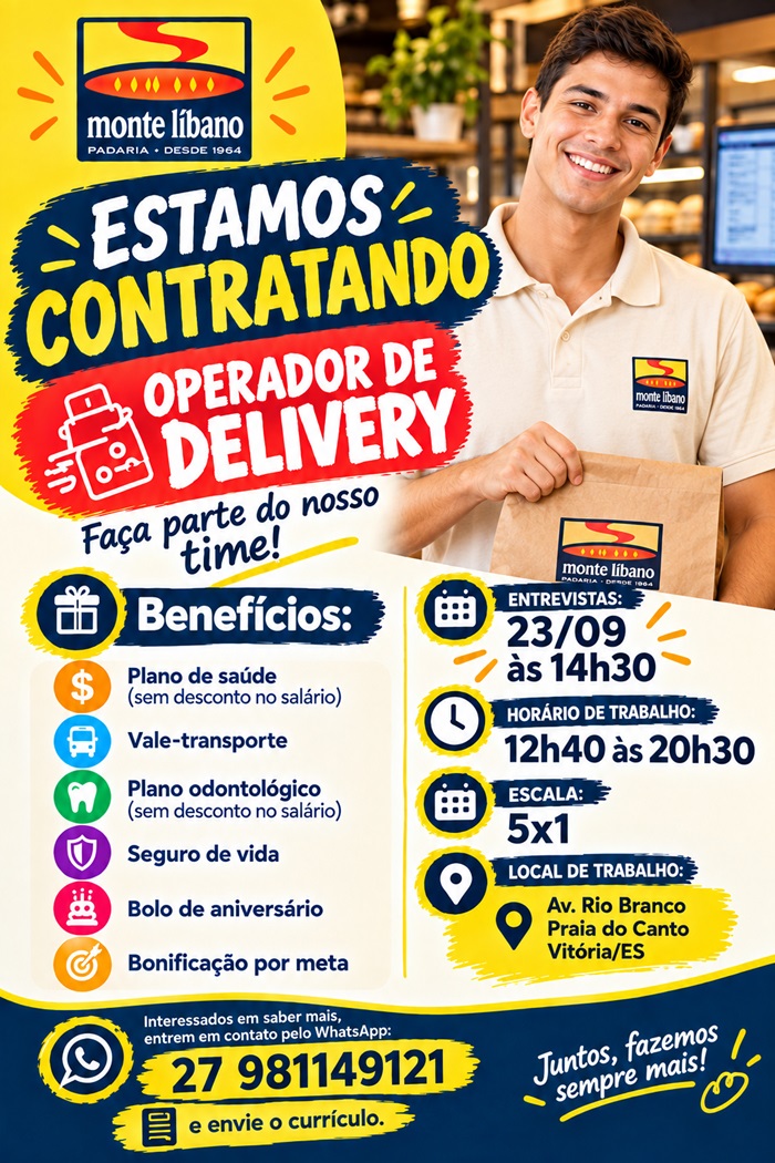 Padaria Monte Libano contrata Operador de Delivery